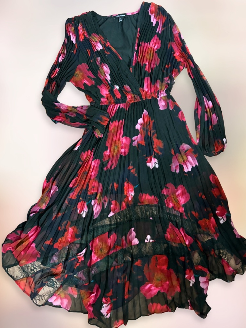 STEVE MADDEN DRESS Autumn Wedding Guest Dark Romantic Red Floral Sheer Maxi SZ L